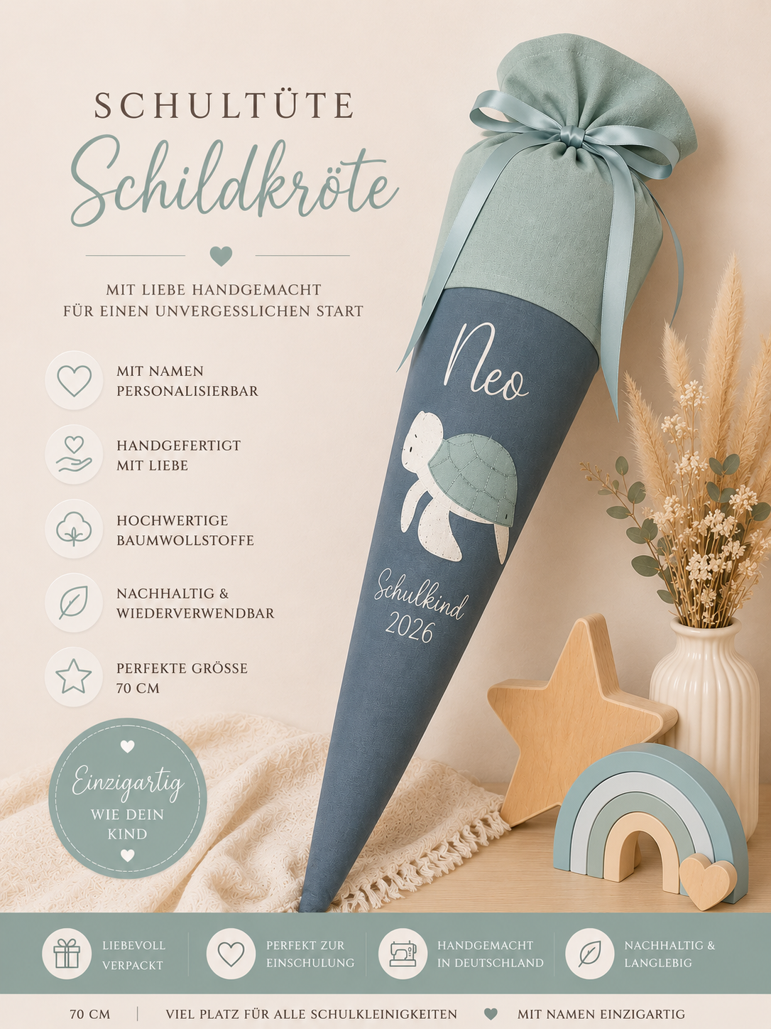 Personalisierte Schultüte Schildkröte in Anthrazit & Salbeigrün | Handgefertigte Stoffschultüte mit gesticktem Namen | 70 cm | Schulkind 2026