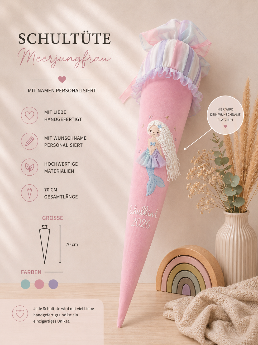 Personalisierte Schultüte Meerjungfrau 70 cm mit Namen in rosa| Stoffschultüte Schulkind 2026 | inkl. Papprohling | optional Kissen