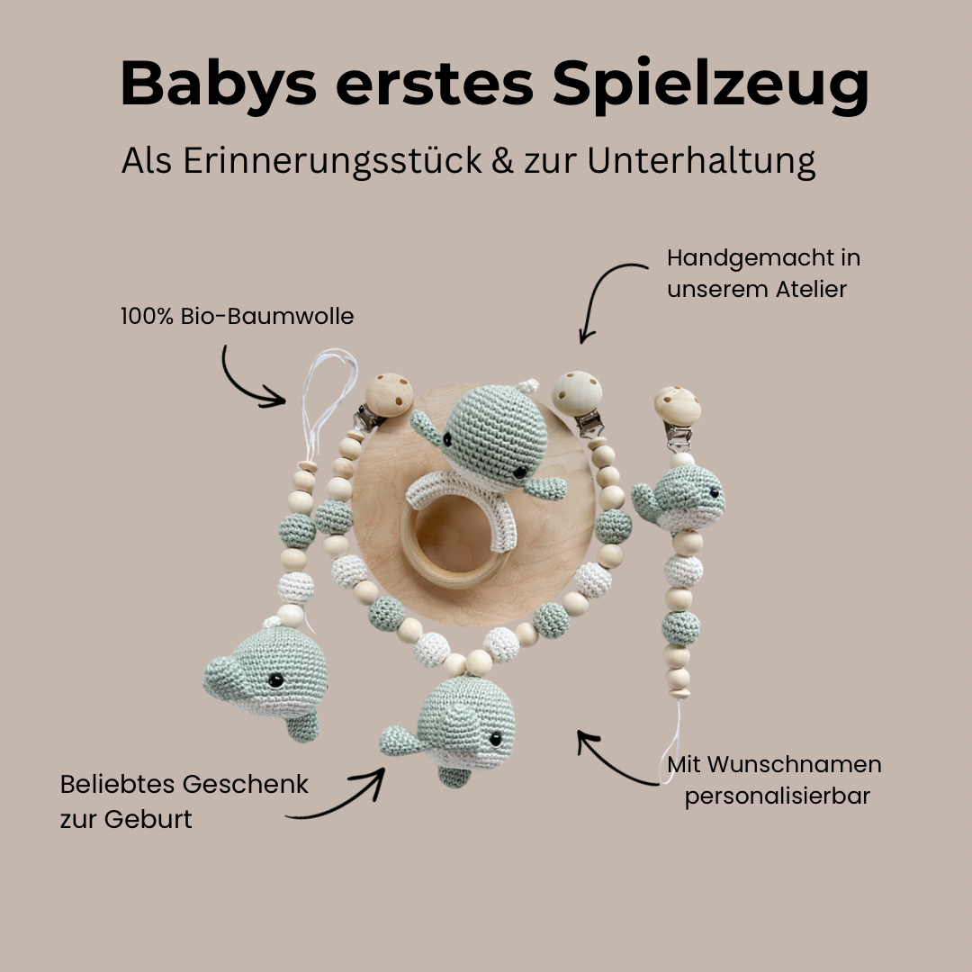 Gehäkeltes Neugeborenen-Set „kleiner Wal“ in Mint
