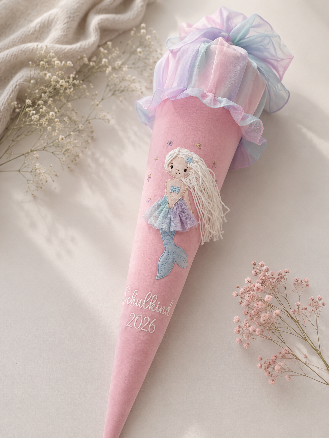 Personalisierte Schultüte Meerjungfrau 70 cm mit Namen in rosa| Stoffschultüte Schulkind 2026 | inkl. Papprohling | optional Kissen