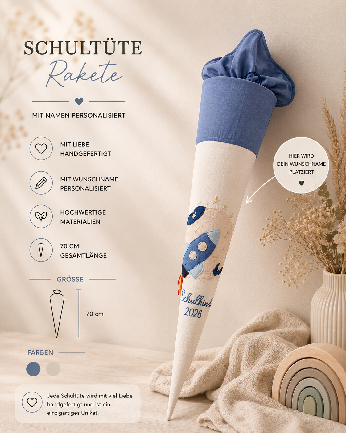 Personalisierte Schultüte Rakete 70 cm | Stoffschultüte mit Namen | Schulkind 2026 bestickt | inkl. Papprohling | optional Kissen