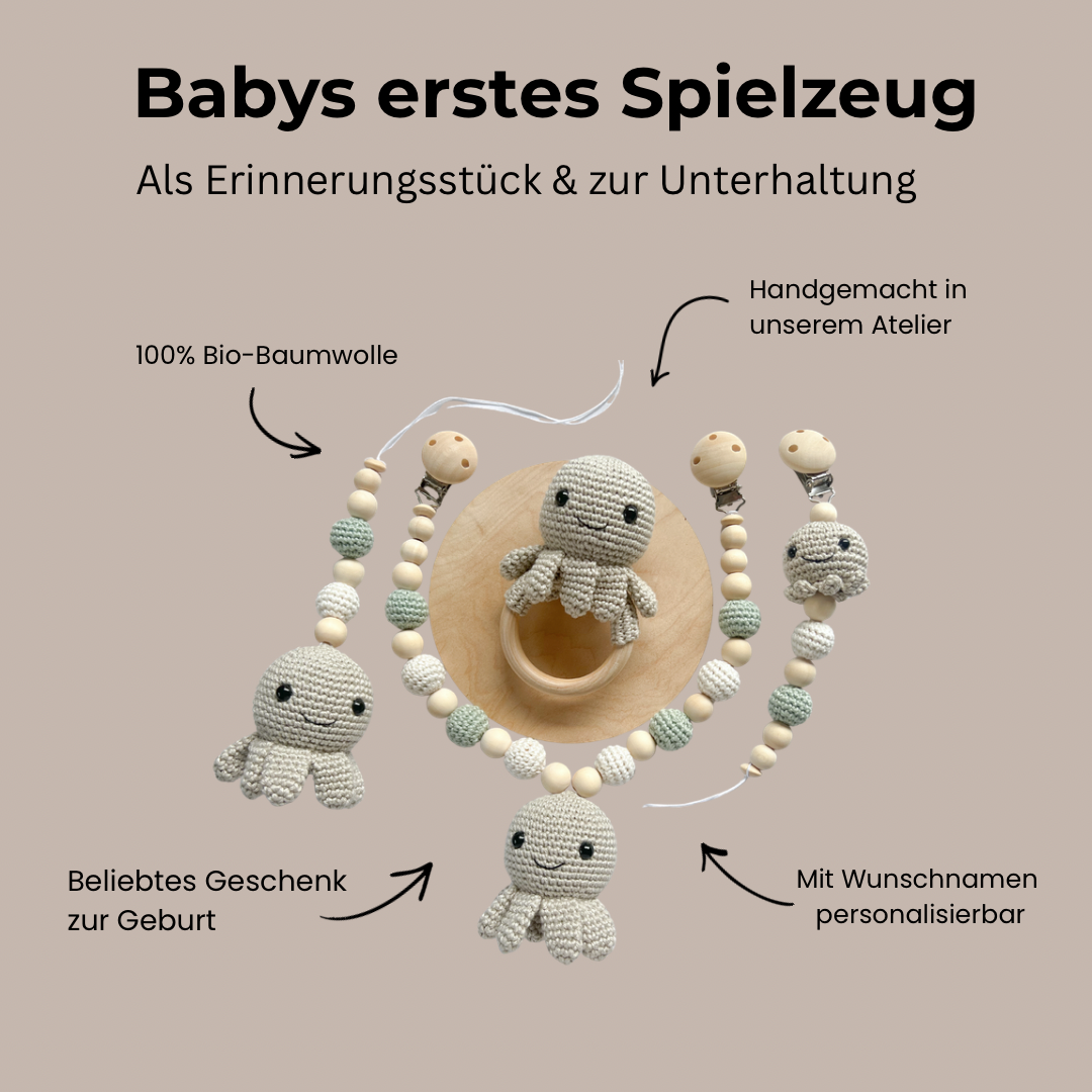 Newborn-Set "Smiling Octopus" in Greige mit weißen und Pastellgrünen gehäkelten Perlen