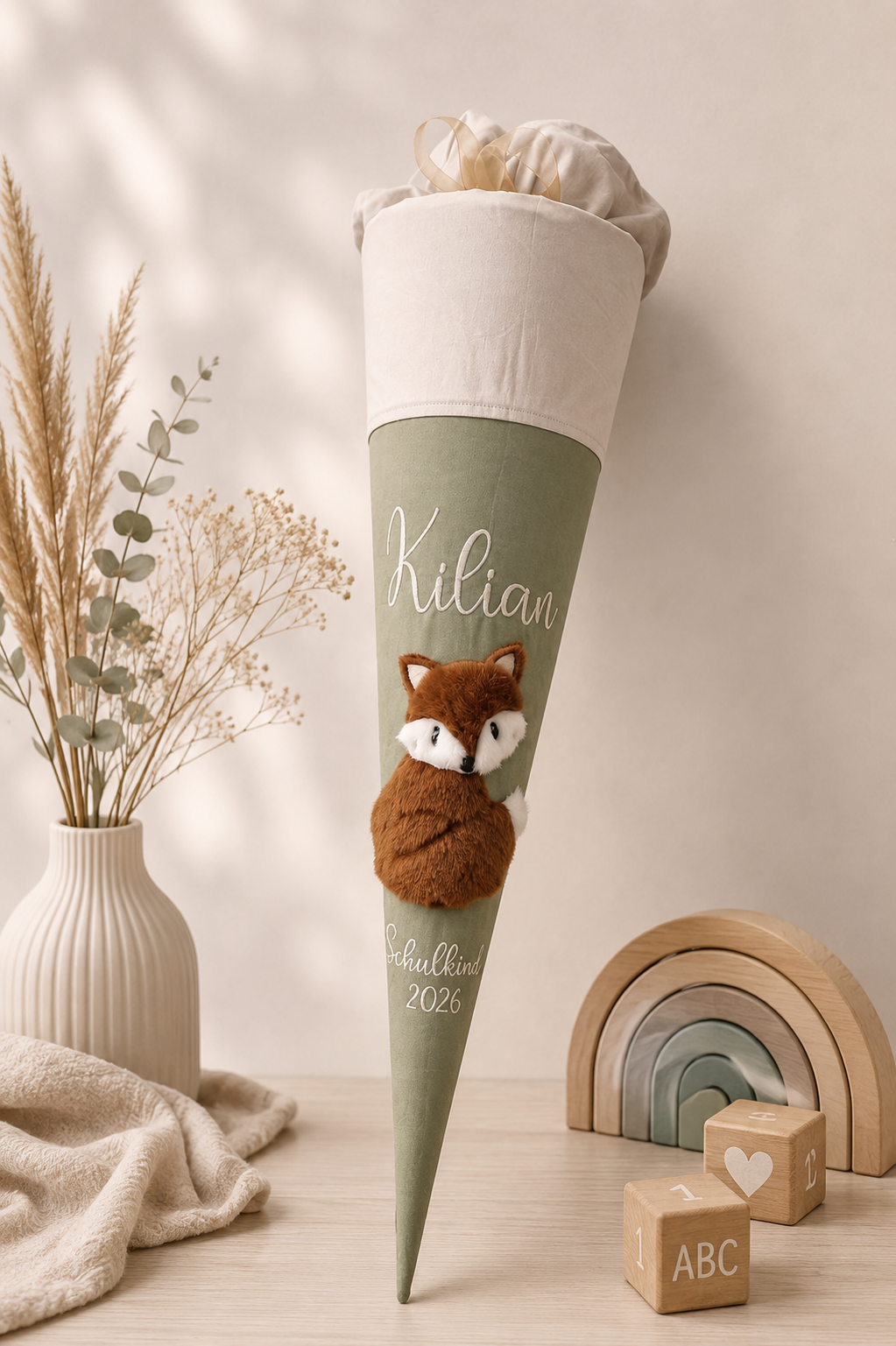 Personalisierte Schultüte Fuchs 70 cm mit Namen | Stoffschultüte Schulkind 2026 | inkl. Papprohling | optional Kissen