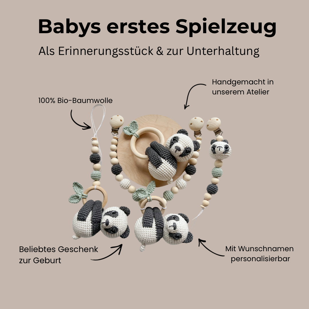 Newborn Set „hanging Panda“ mit einem Panda in Anthrazit und Pastellgrün