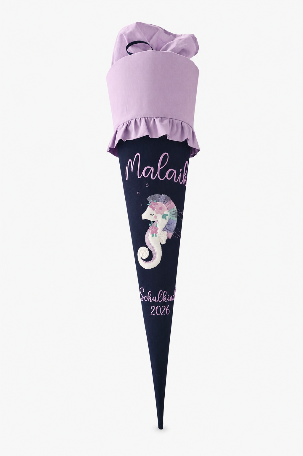 Personalisierte Schultüte Seepferdchen 70 cm mit Namen | Stoffschultüte Schulkind 2026 | inkl. Papprohling | optional Kissen