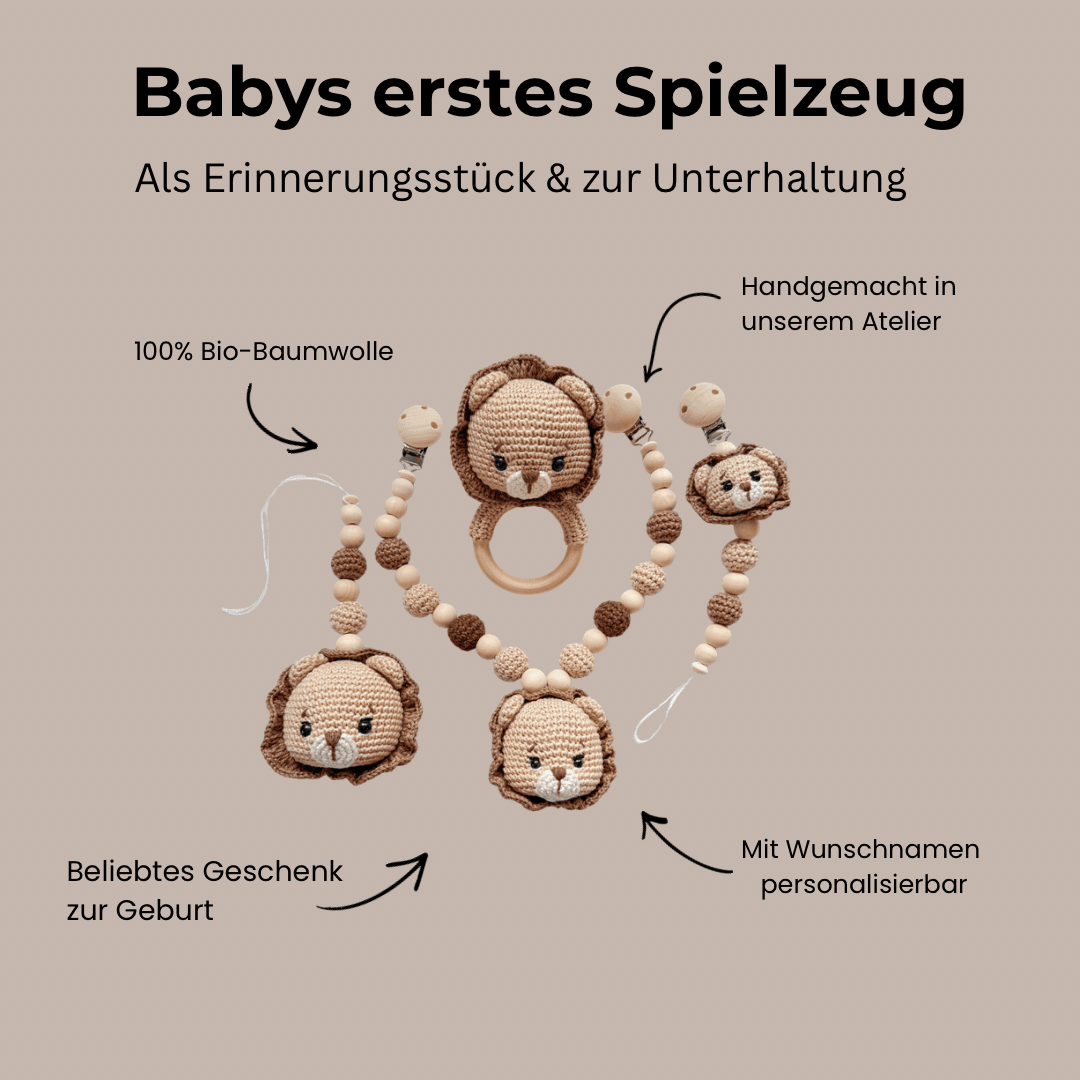Baby - Set „Kleiner Löwe“ – Handgemacht aus Holz & Baumwolle für stilvolle Abenteuer - Kindesglueck Geschenksets für Babys