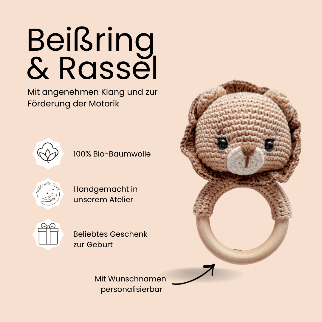 Baby - Set „Kleiner Löwe“ – Handgemacht aus Holz & Baumwolle für stilvolle Abenteuer - Kindesglueck Geschenksets für Babys