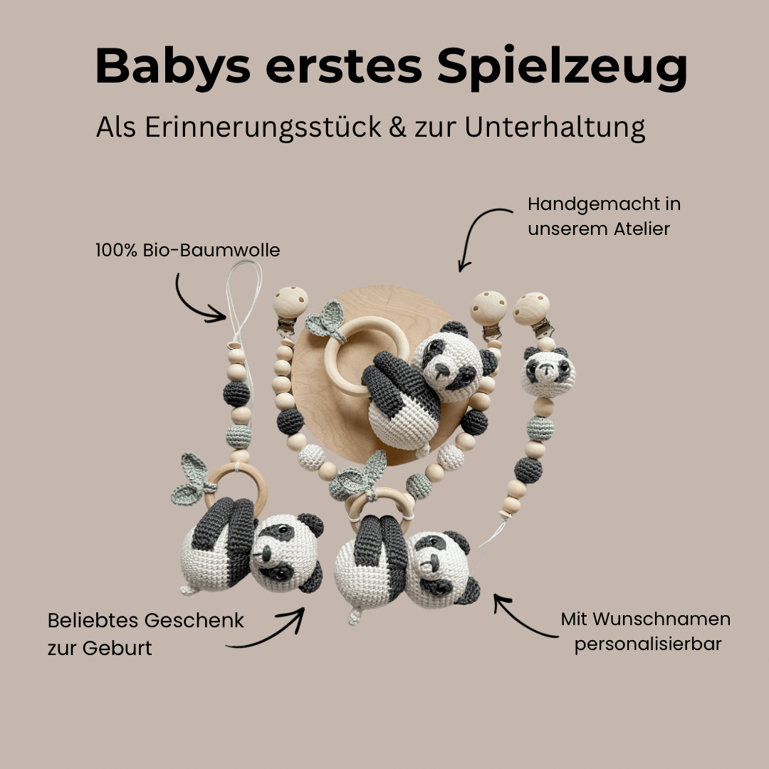 Newborn Set „hanging Panda“ mit einem Panda in Anthrazit und Pastellgrün - Kindesglueck Geschenksets für Babys