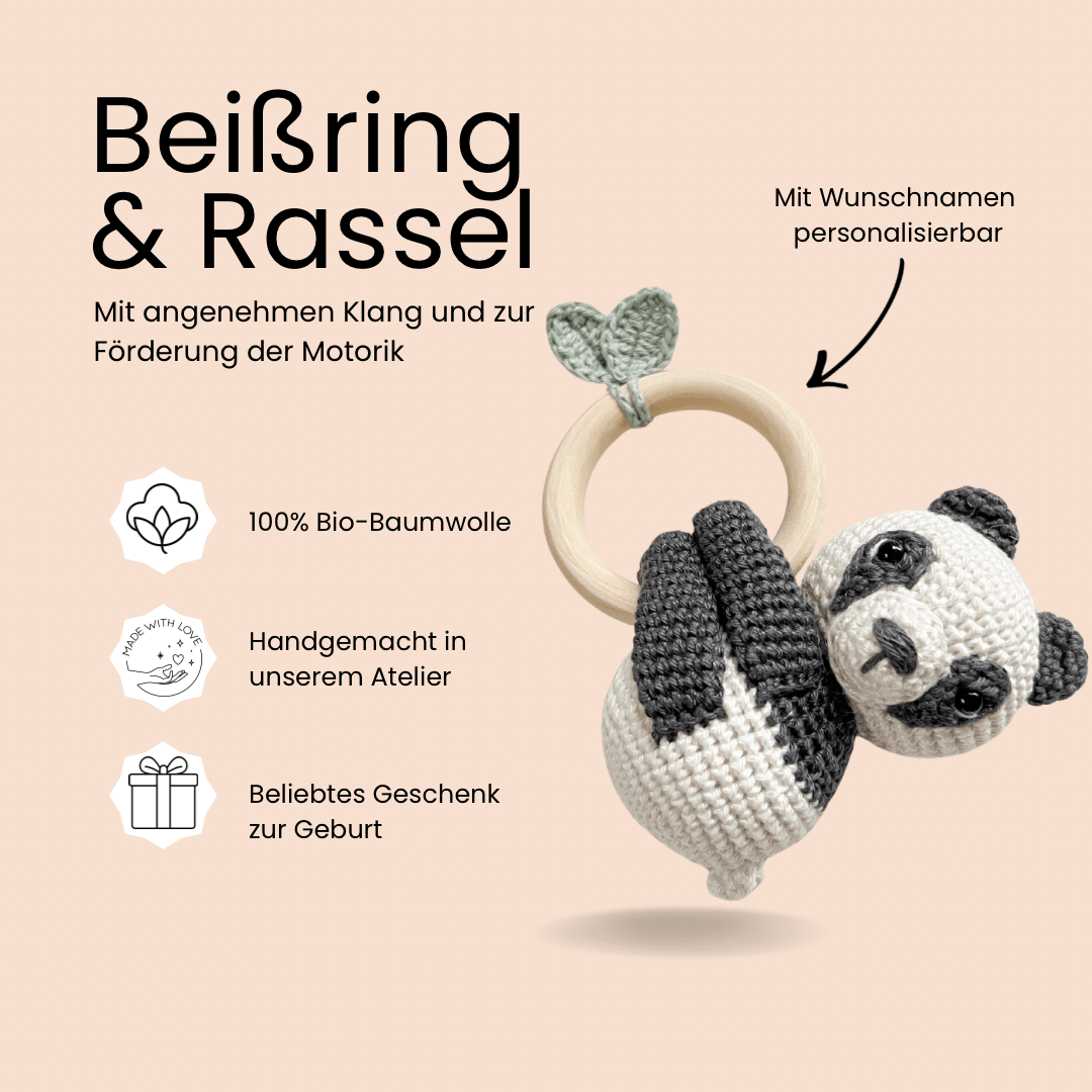 Newborn Set „hanging Panda“ mit einem Panda in Anthrazit und Pastellgrün - Kindesglueck Geschenksets für Babys