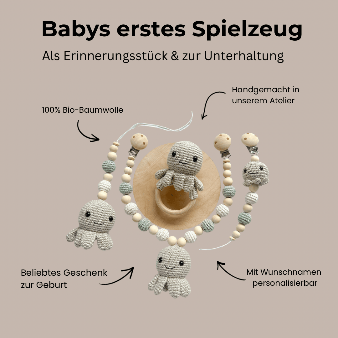 Newborn - Set "Smiling Octopus" in Greige mit weißen und Pastellgrünen gehäkelten Perlen - Kindesglueck Geschenksets für Babys