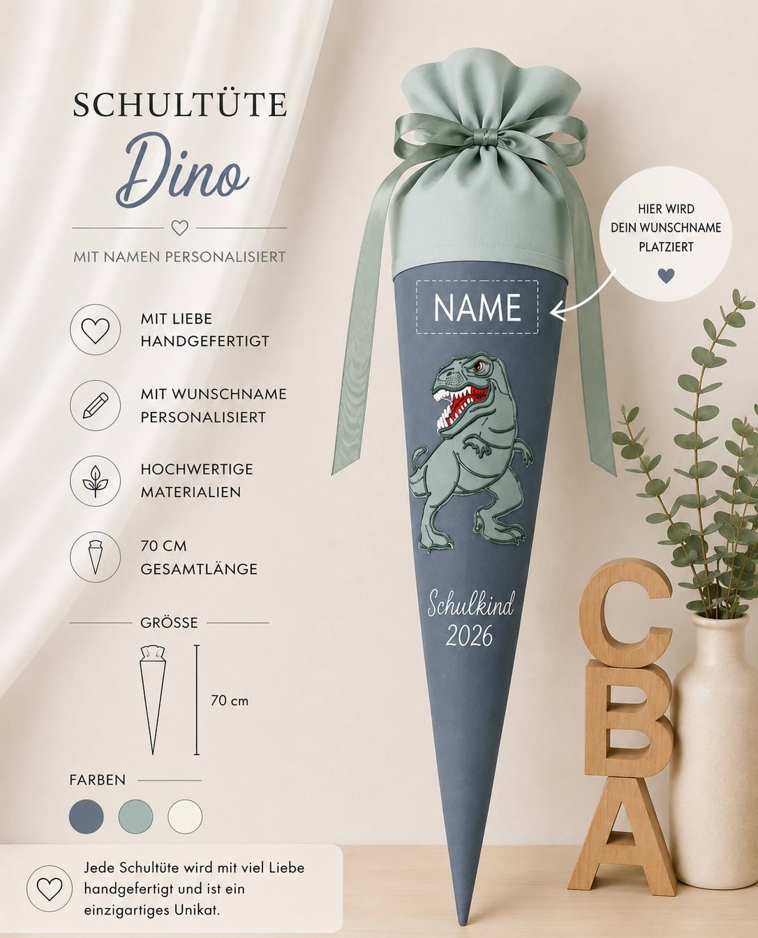 Personalisierte Schultüte Dino in Anthrazit & Salbeigrün | Handgefertigte Stoffschultüte mit Namen | 70 cm | Schulkind 2026 - Kindesglueck