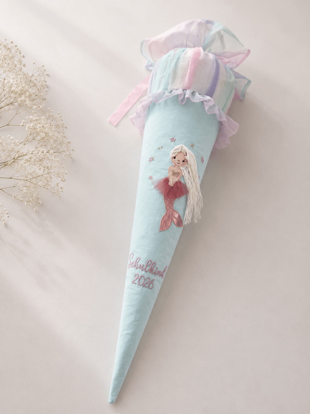 Personalisierte Schultüte Meerjungfrau 70 cm mit Namen in türkis| Stoffschultüte Schulkind 2026 | inkl. Papprohling | optional Kissen - Kindesglueck