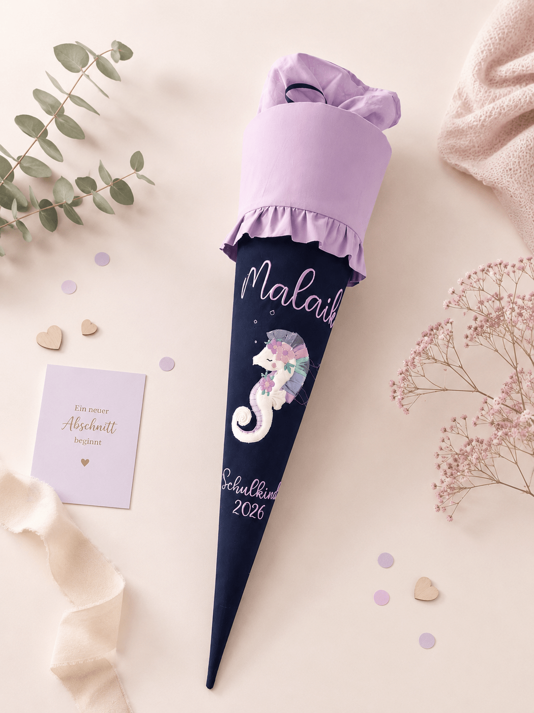 Personalisierte Schultüte Seepferdchen 70 cm mit Namen | Stoffschultüte Schulkind 2026 | inkl. Papprohling | optional Kissen - Kindesglueck