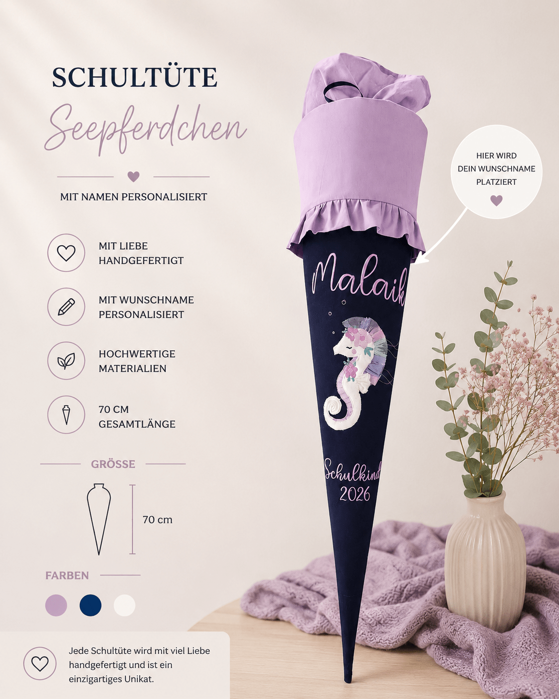 Personalisierte Schultüte Seepferdchen 70 cm mit Namen | Stoffschultüte Schulkind 2026 | inkl. Papprohling | optional Kissen - Kindesglueck