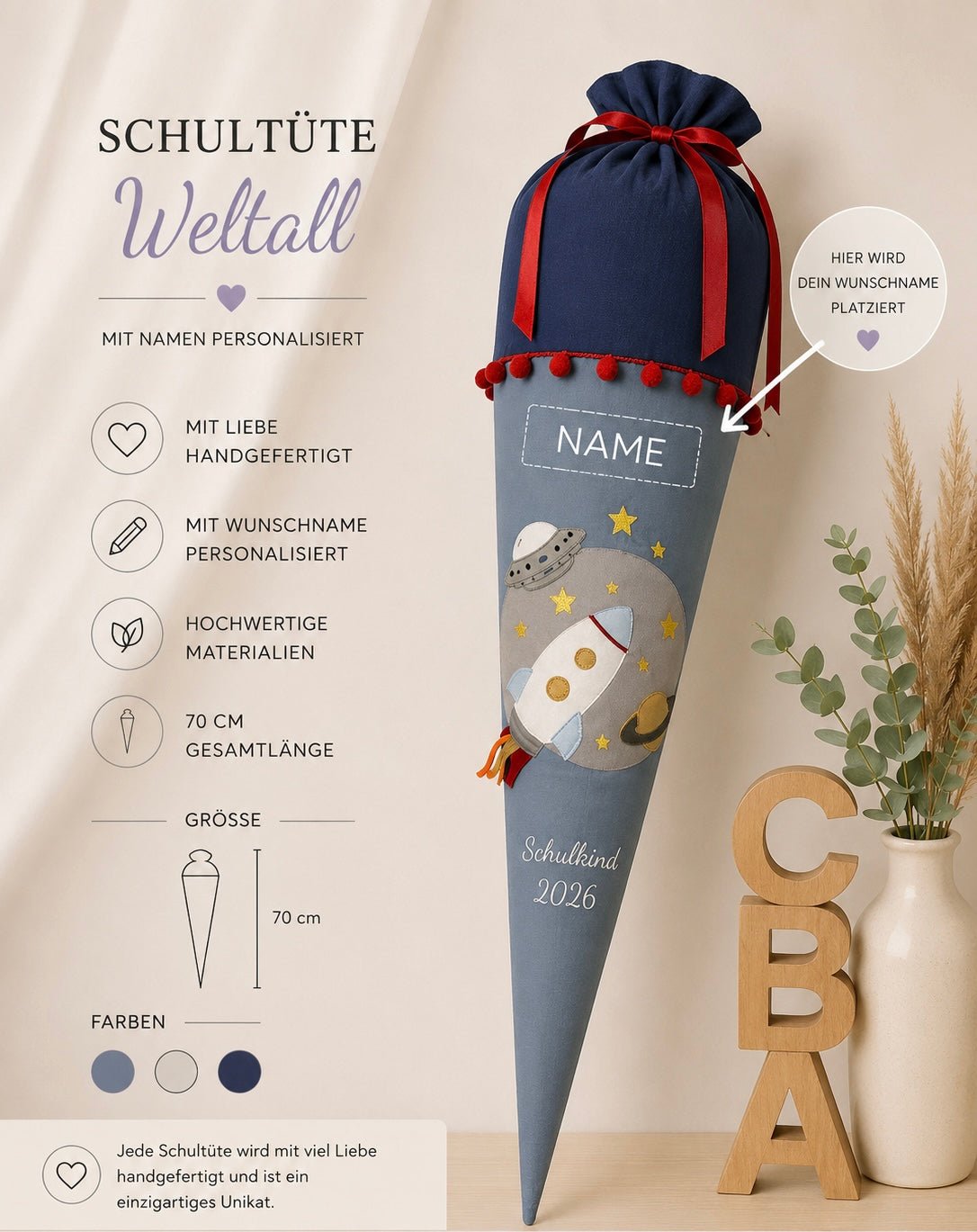 Personalisierte Schultüte Weltall in Blau | Handgefertigte Stoffschultüte mit Namen | 70 cm | Schulkind 2026 - Kindesglueck