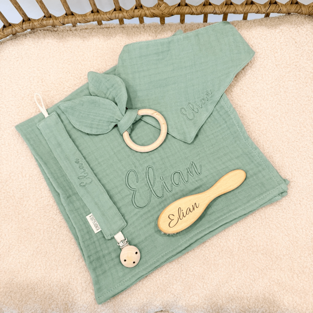 Personalisiertes Baby - Set aus Musselin in verschiedenen Farben - Kindesglueck Geschenksets für Babys