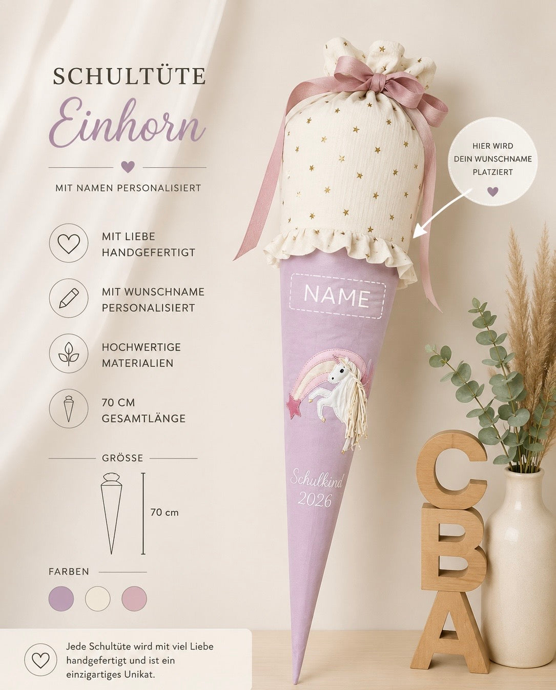 Personalisierte Schultüte Einhorn in Flieder | Handgefertigte Stoffschultüte mit Namen | 70 cm | Schulkind 2026