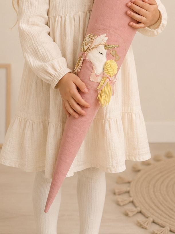 Personalisierte Schultüte Zaubereinhorn in rosa | Handgefertigte Stoffschultüte mit Namen | 70 cm | Schulkind 2026