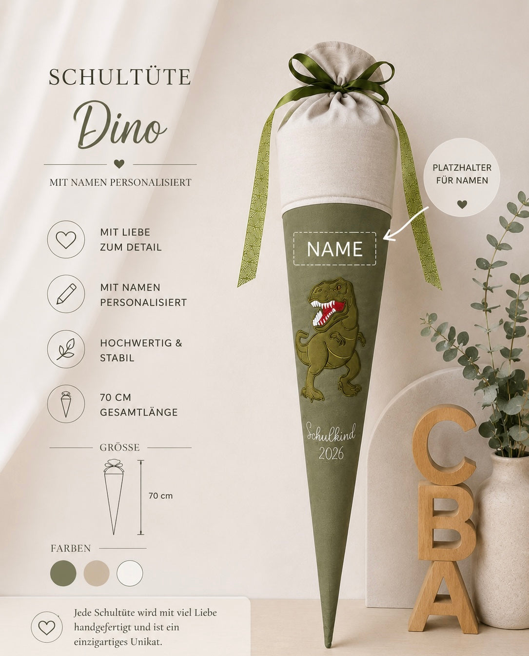 Personalisierte Schultüte Dino in Olivgrün | Handgefertigte Stoffschultüte mit Namen | 70 cm | Schulkind 2026