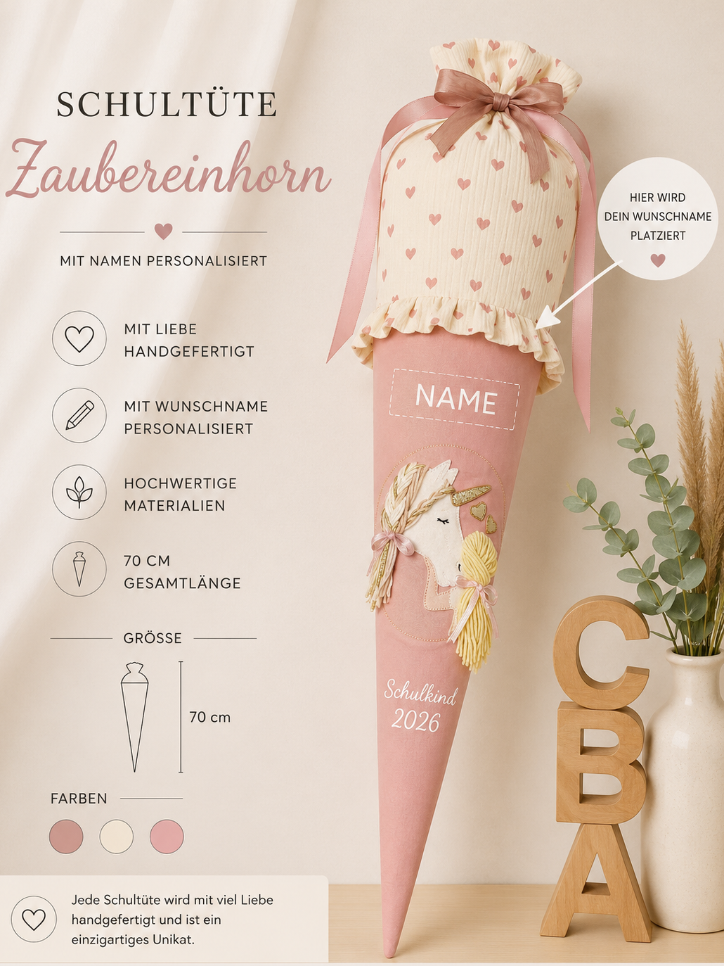 Personalisierte Schultüte Zaubereinhorn in rosa | Handgefertigte Stoffschultüte mit Namen | 70 cm | Schulkind 2026