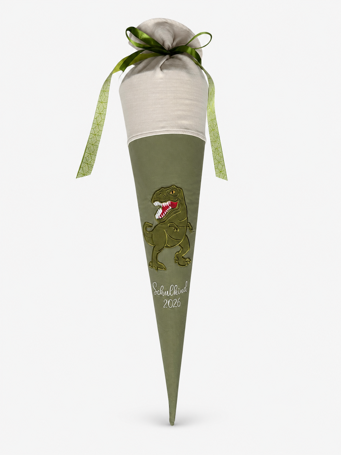 Personalisierte Schultüte Dino in Olivgrün | Handgefertigte Stoffschultüte mit Namen | 70 cm | Schulkind 2026