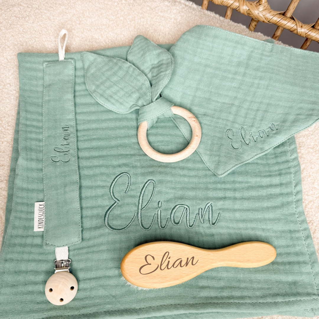 Personalisiertes Baby-Set aus Musselin in verschiedenen Farben