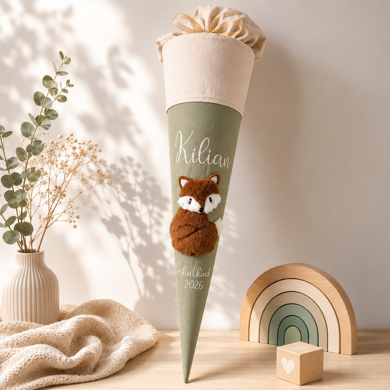 Personalisierte Schultüte Fuchs 70 cm mit Namen | Stoffschultüte Schulkind 2026 | inkl. Papprohling | optional Kissen