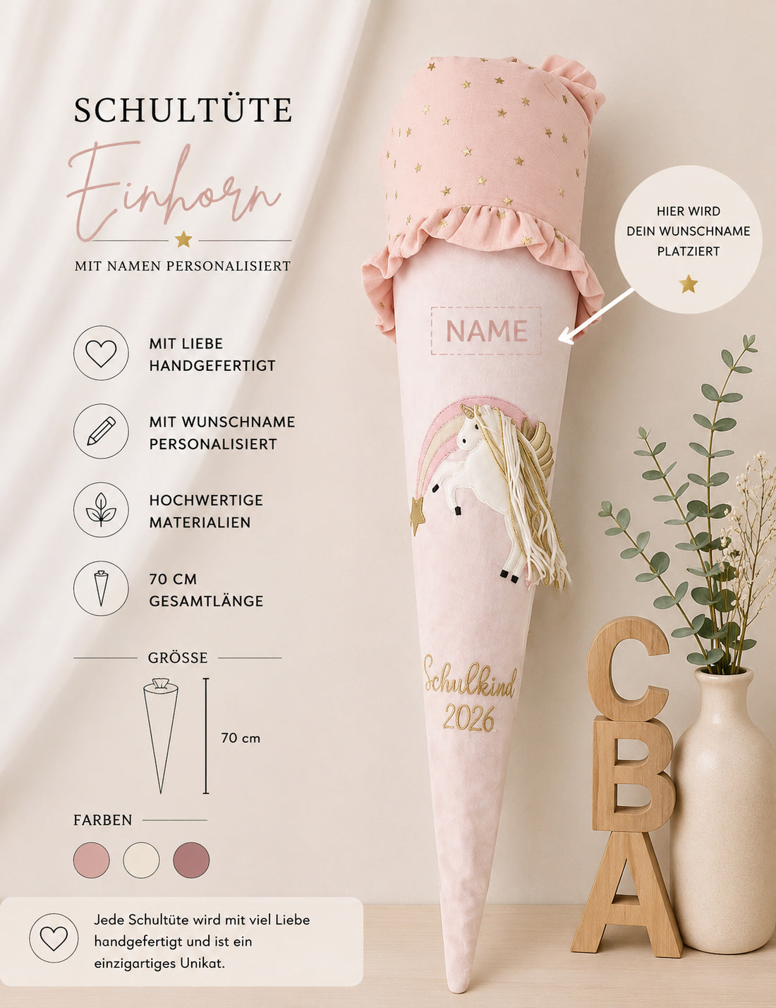 Personalisierte Schultüte Einhorn Rosa | Handgefertigt mit Wunschname | 70 cm | Schulkind 2026