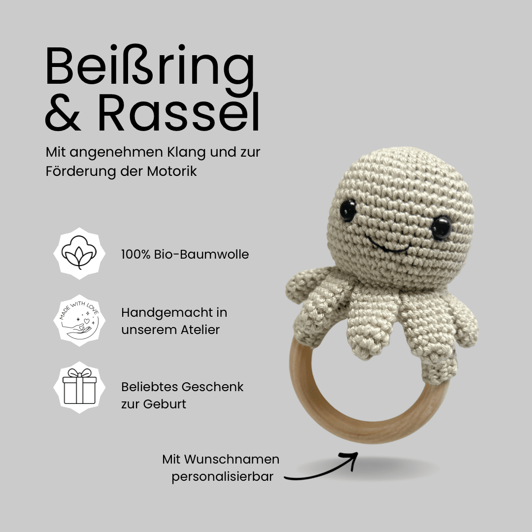 Newborn - Set "Smiling Octopus" in Greige mit weißen und Pastellgrünen gehäkelten Perlen - Kindesglueck Geschenksets für Babys