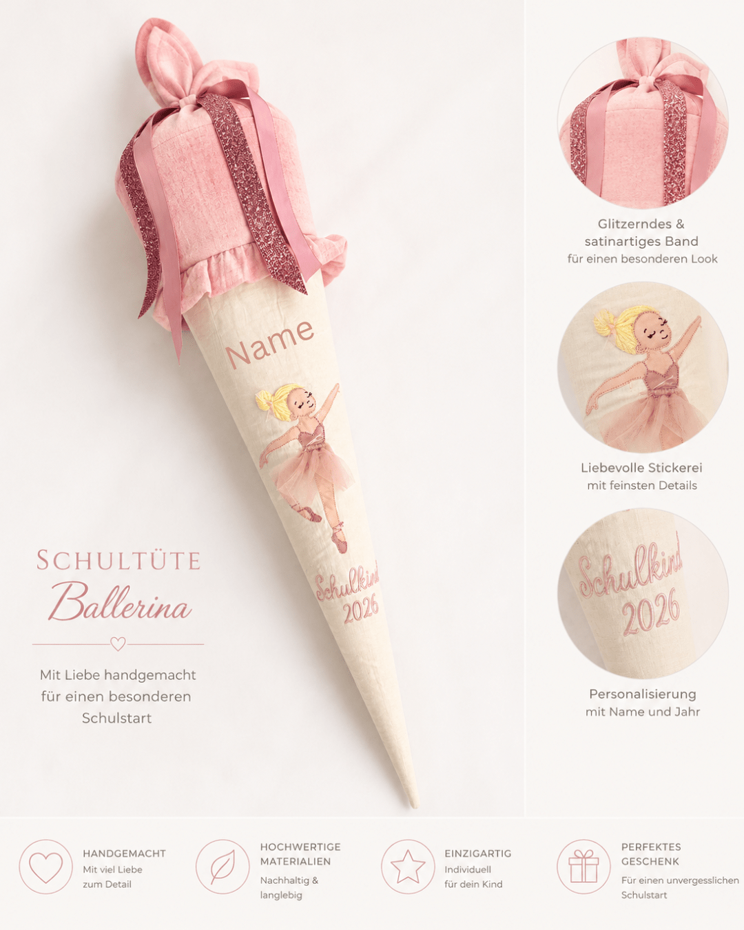 Personalisierte Schultüte Ballerina Rosa und Creme | Handgefertigt mit Wunschname | 70 cm | Schulkind 2026 - Kindesglueck