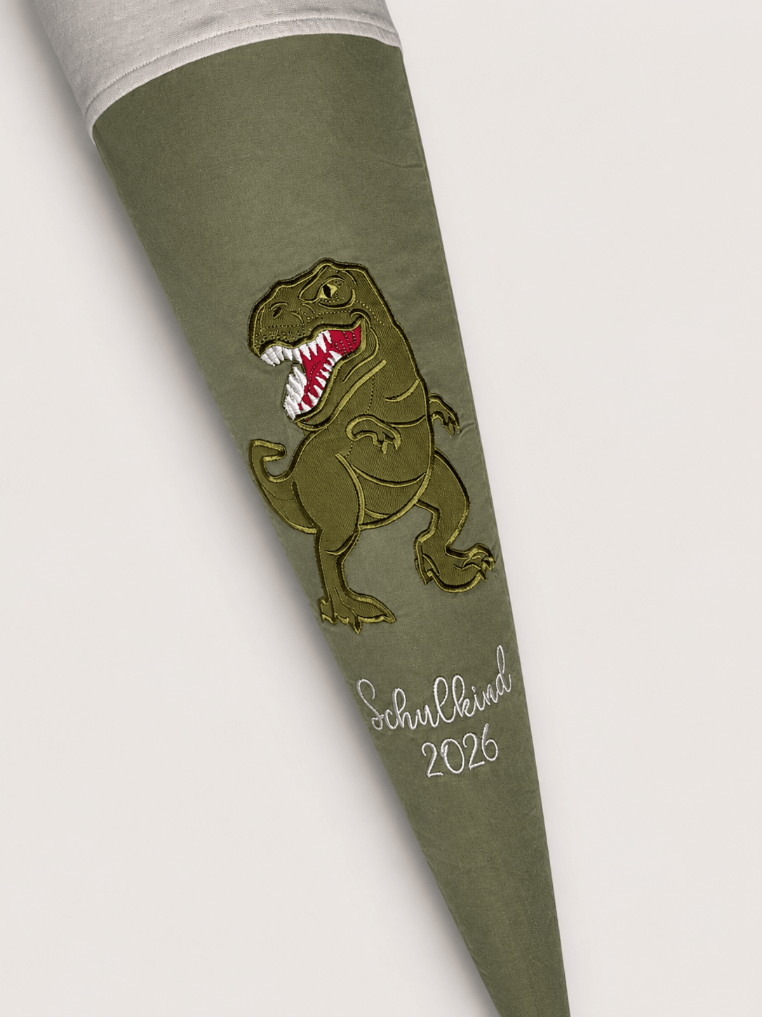 Personalisierte Schultüte Dino in Olivgrün | Handgefertigte Stoffschultüte mit Namen | 70 cm | Schulkind 2026 - Kindesglueck