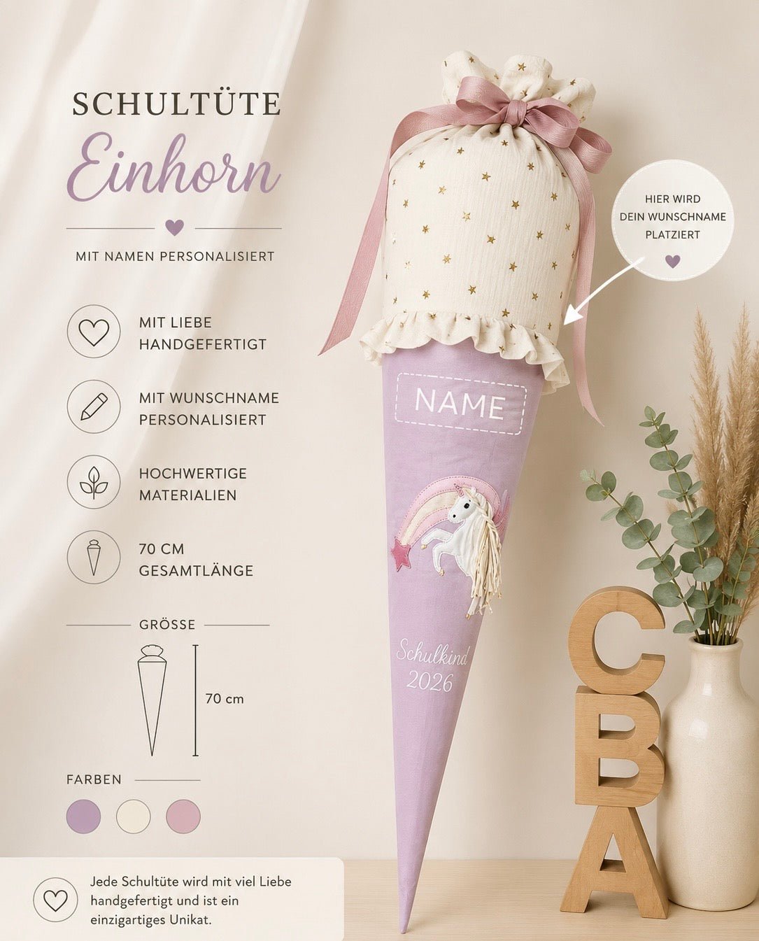 Personalisierte Schultüte Einhorn in Flieder | Handgefertigte Stoffschultüte mit Namen | 70 cm | Schulkind 2026 - Kindesglueck