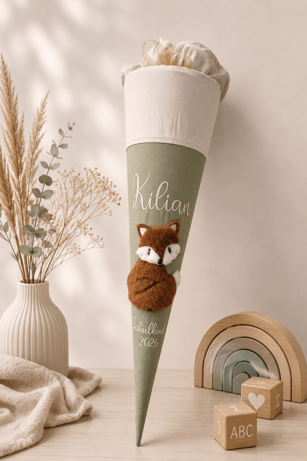 Personalisierte Schultüte Fuchs 70 cm mit Namen | Stoffschultüte Schulkind 2026 | inkl. Papprohling | optional Kissen - Kindesglueck