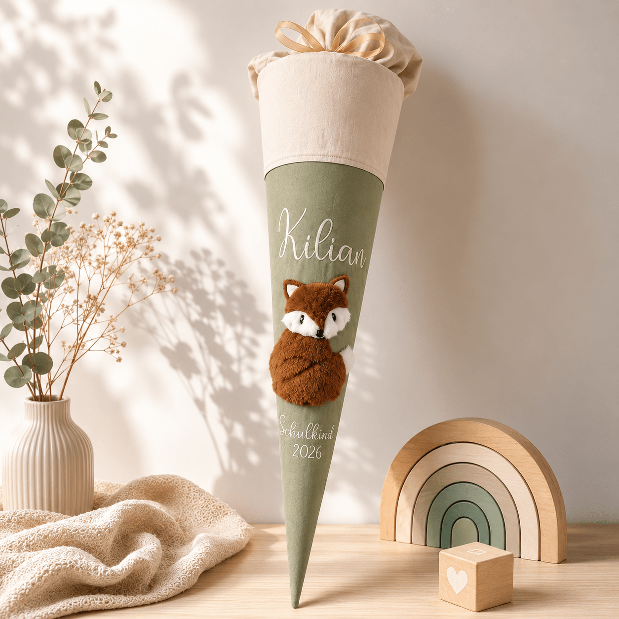 Personalisierte Schultüte Fuchs 70 cm mit Namen | Stoffschultüte Schulkind 2026 | inkl. Papprohling | optional Kissen - Kindesglueck