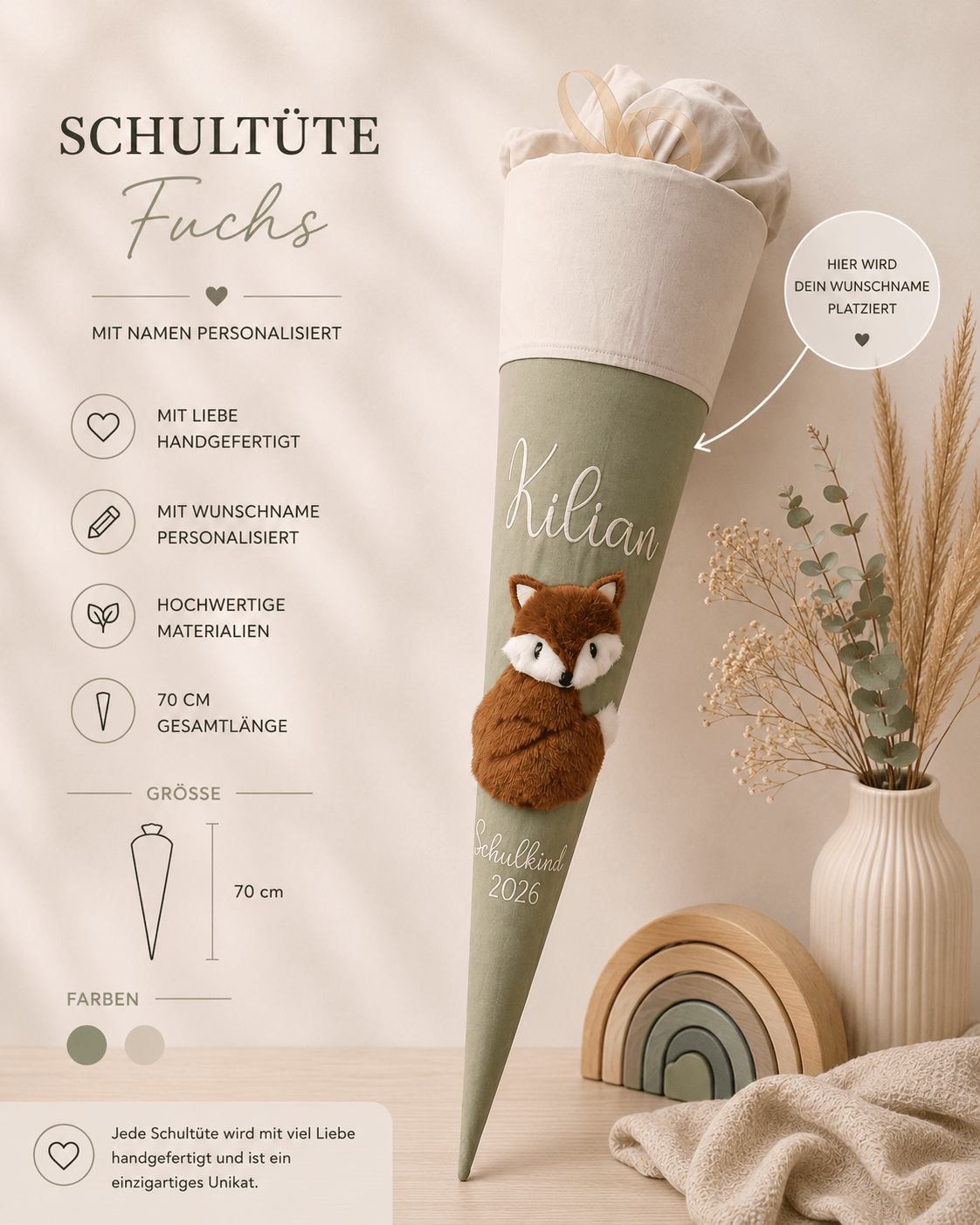 Personalisierte Schultüte Fuchs 70 cm mit Namen | Stoffschultüte Schulkind 2026 | inkl. Papprohling | optional Kissen - Kindesglueck