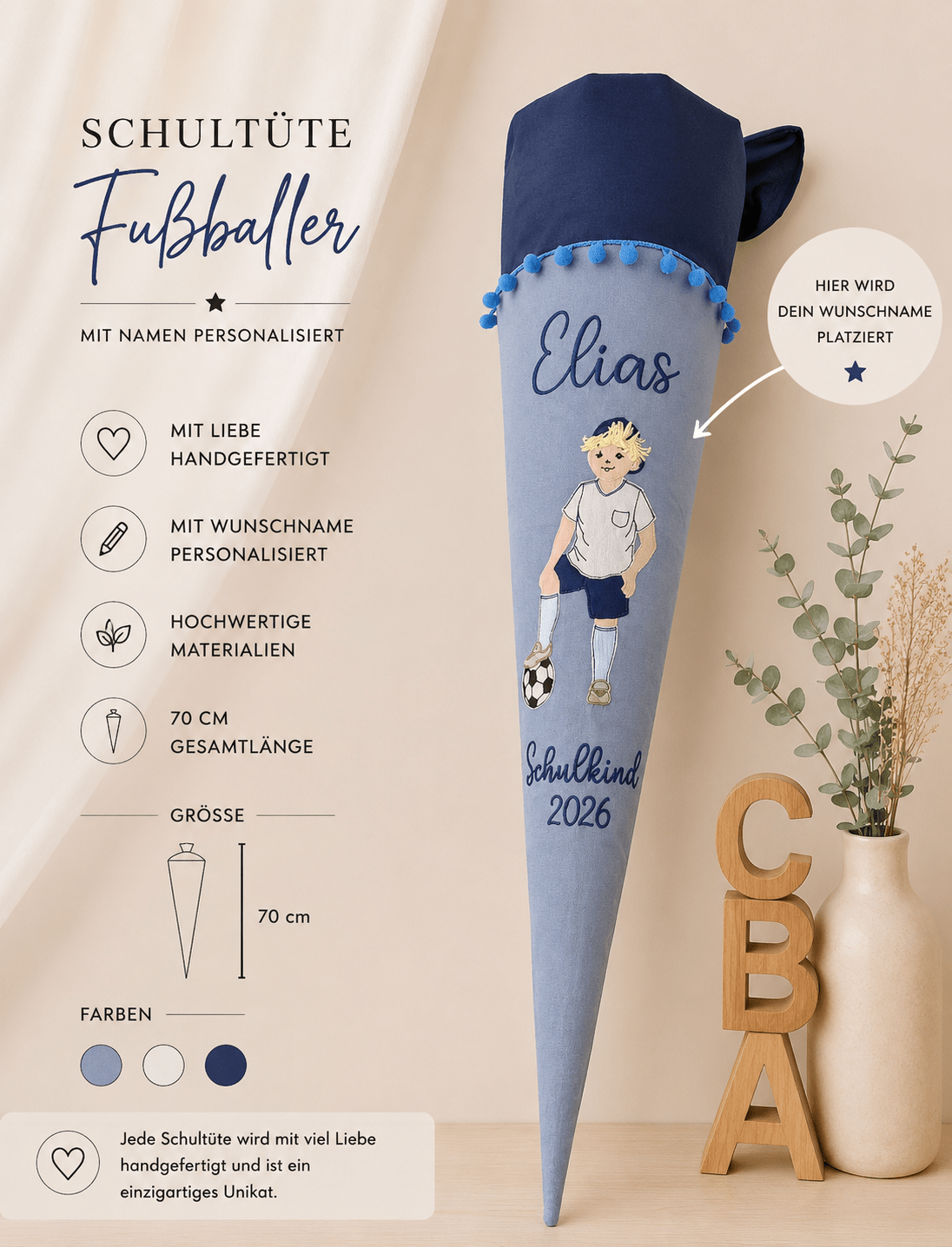 Personalisierte Schultüte Fußballer mit Namen in Blau – Handgefertigt | 70 cm | Einschulung 2026 - Kindesglueck