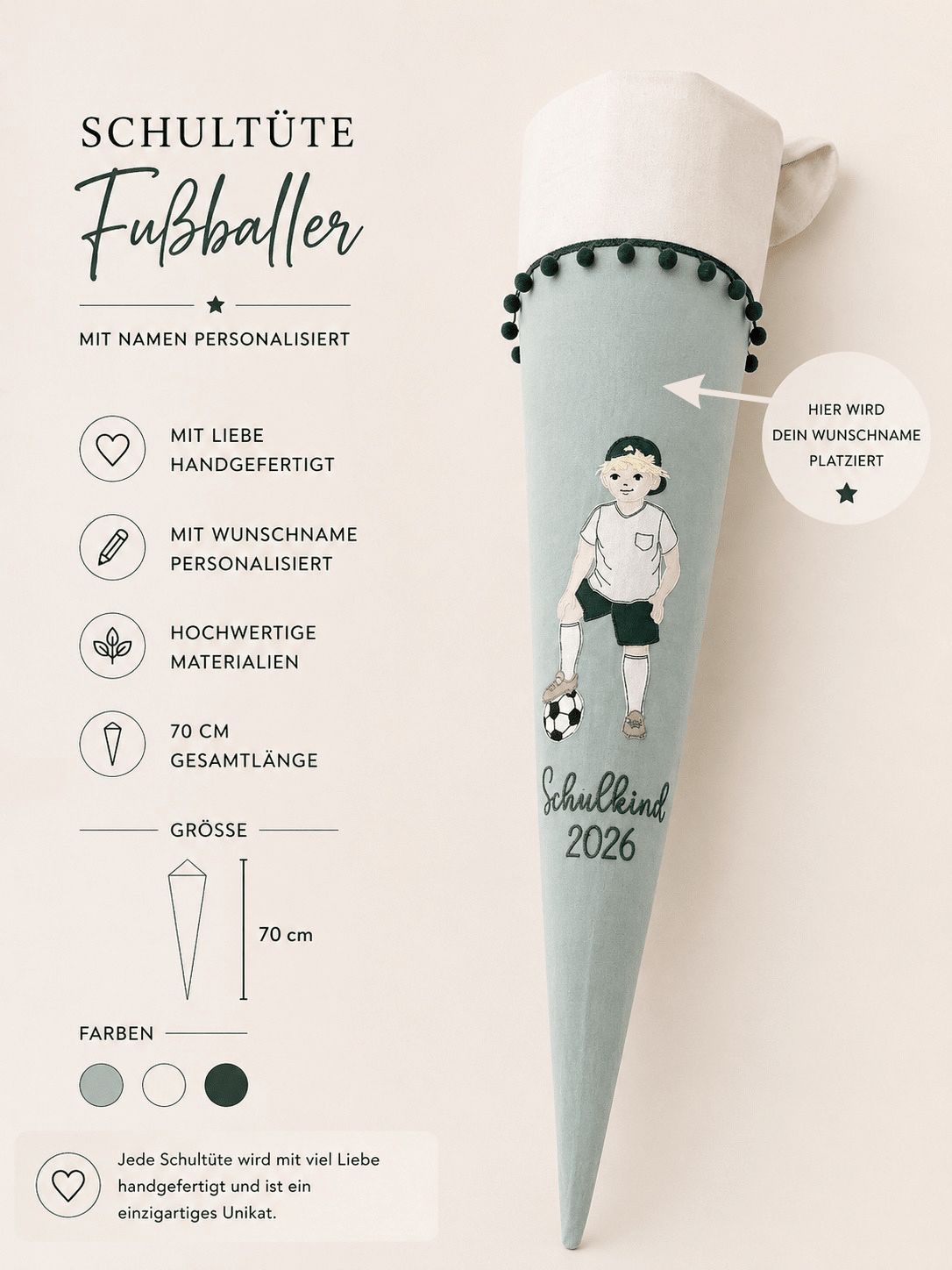 Personalisierte Schultüte Fußballer mit Namen – Salbeigrün & Creme | Handgefertigt | 70 cm | Einschulung 2026 - Kindesglueck