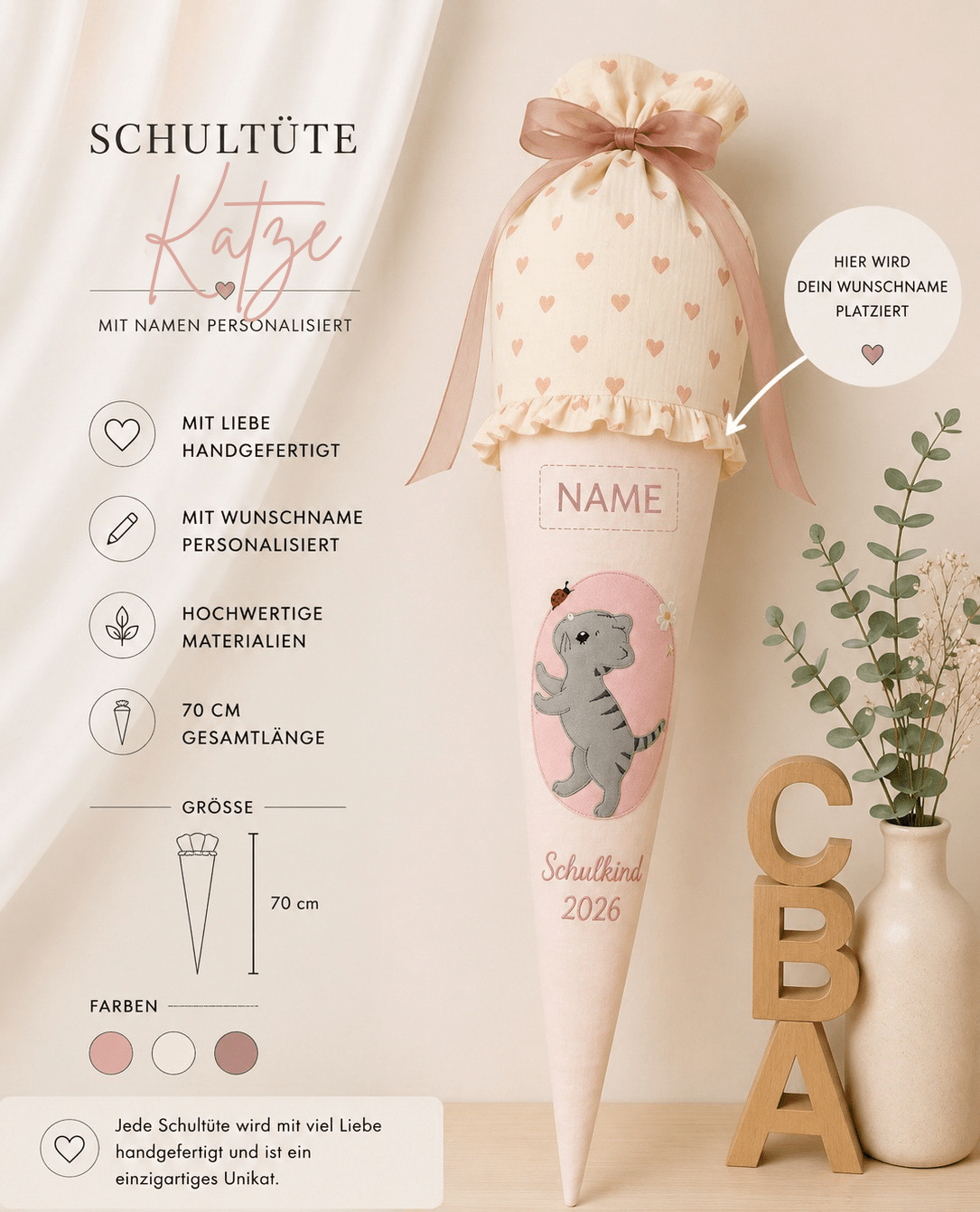 Personalisierte Schultüte Katze in Rosa | Handgefertigte Stoffschultüte mit Namen | 70 cm | Schulkind 2026 (Kopie) - Kindesglueck