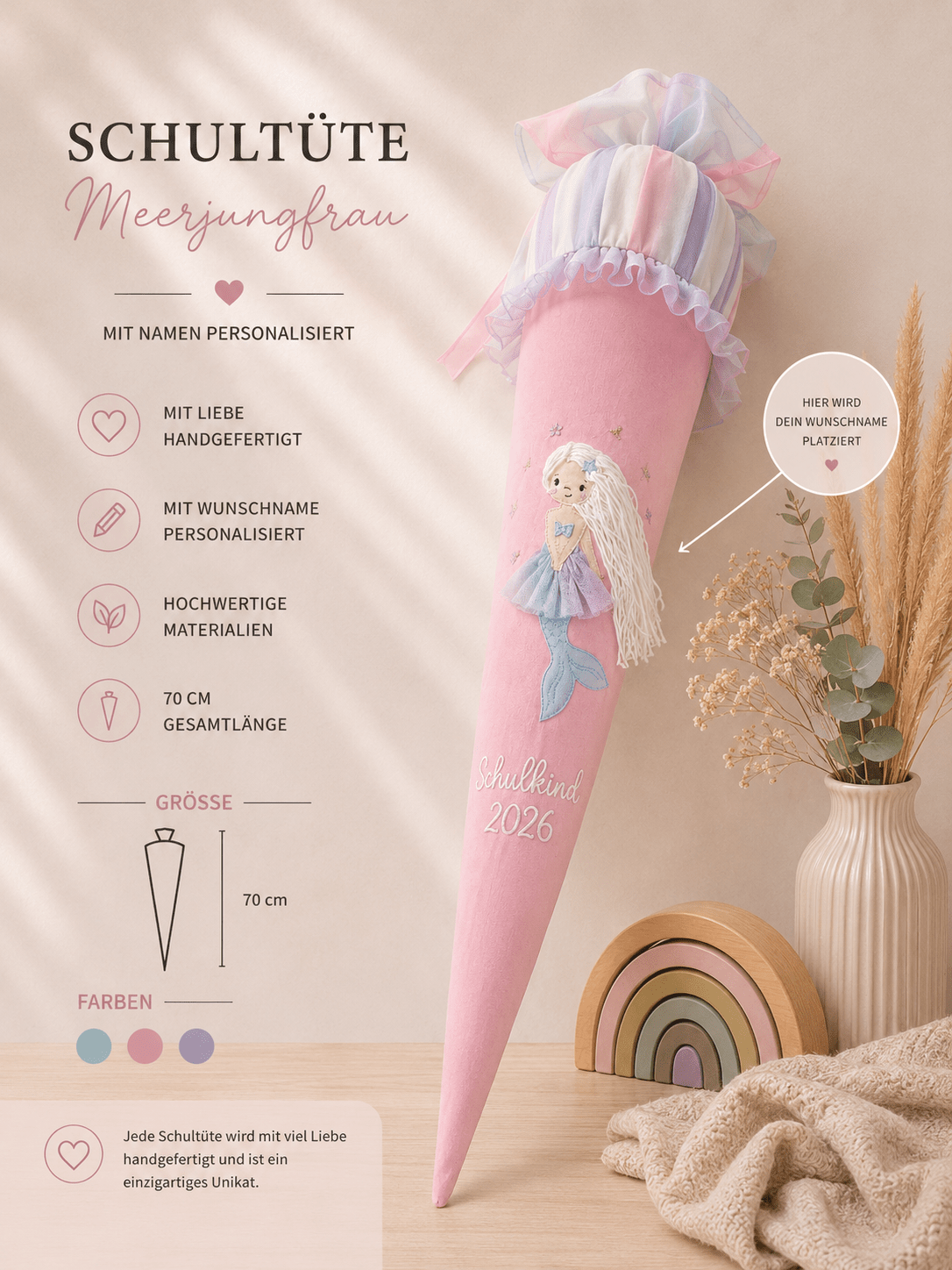Personalisierte Schultüte Meerjungfrau 70 cm mit Namen in rosa| Stoffschultüte Schulkind 2026 | inkl. Papprohling | optional Kissen - Kindesglueck