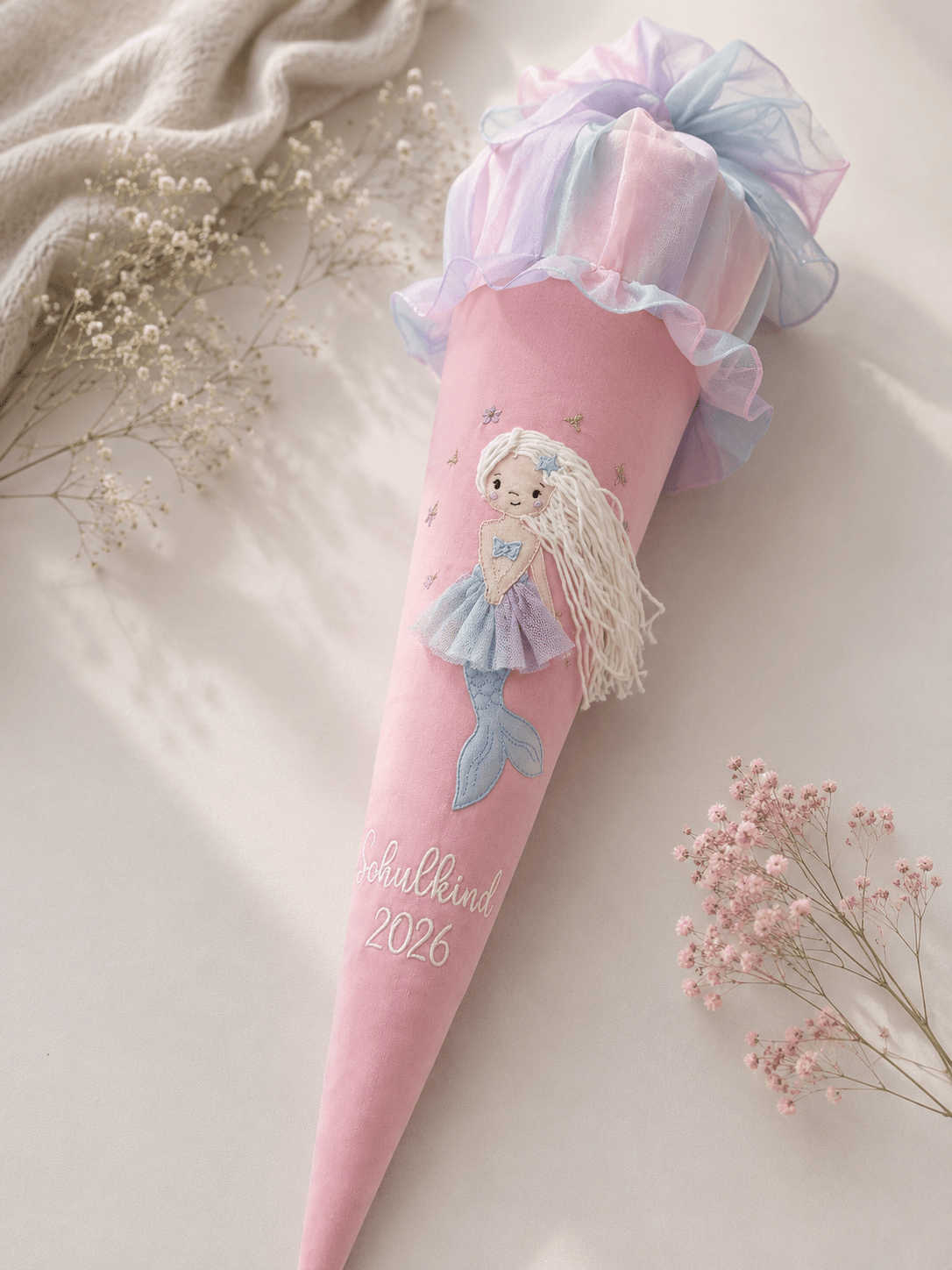 Personalisierte Schultüte Meerjungfrau 70 cm mit Namen in rosa| Stoffschultüte Schulkind 2026 | inkl. Papprohling | optional Kissen - Kindesglueck