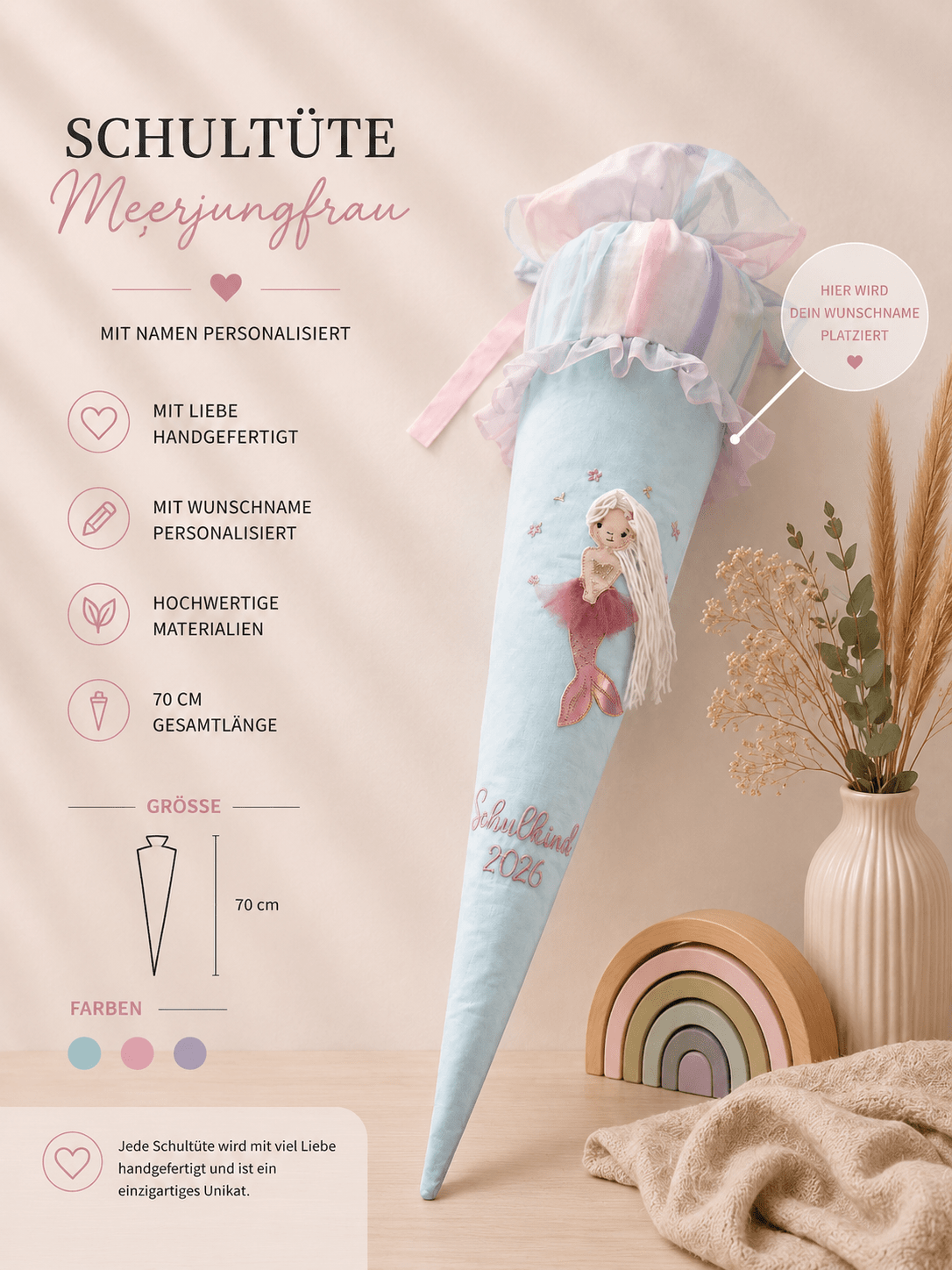 Personalisierte Schultüte Meerjungfrau 70 cm mit Namen in türkis| Stoffschultüte Schulkind 2026 | inkl. Papprohling | optional Kissen - Kindesglueck