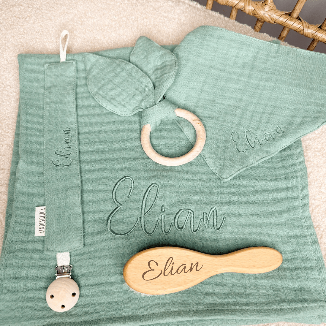 Personalisiertes Baby - Set aus Musselin in verschiedenen Farben - Kindesglueck Geschenksets für Babys